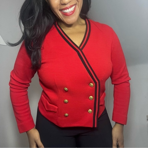 Vintage red double breasted knit cardigan wool sweater Medium preppy military - Picture 9 of 11
